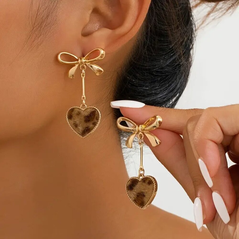 NEW leopard print coquette bow heart earrings, leopard print dangle earrings